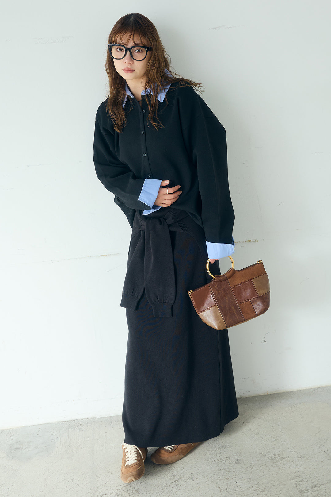 [SET]シャツレイヤード風カーディガン+レイヤードニット巻きスカート(2set)