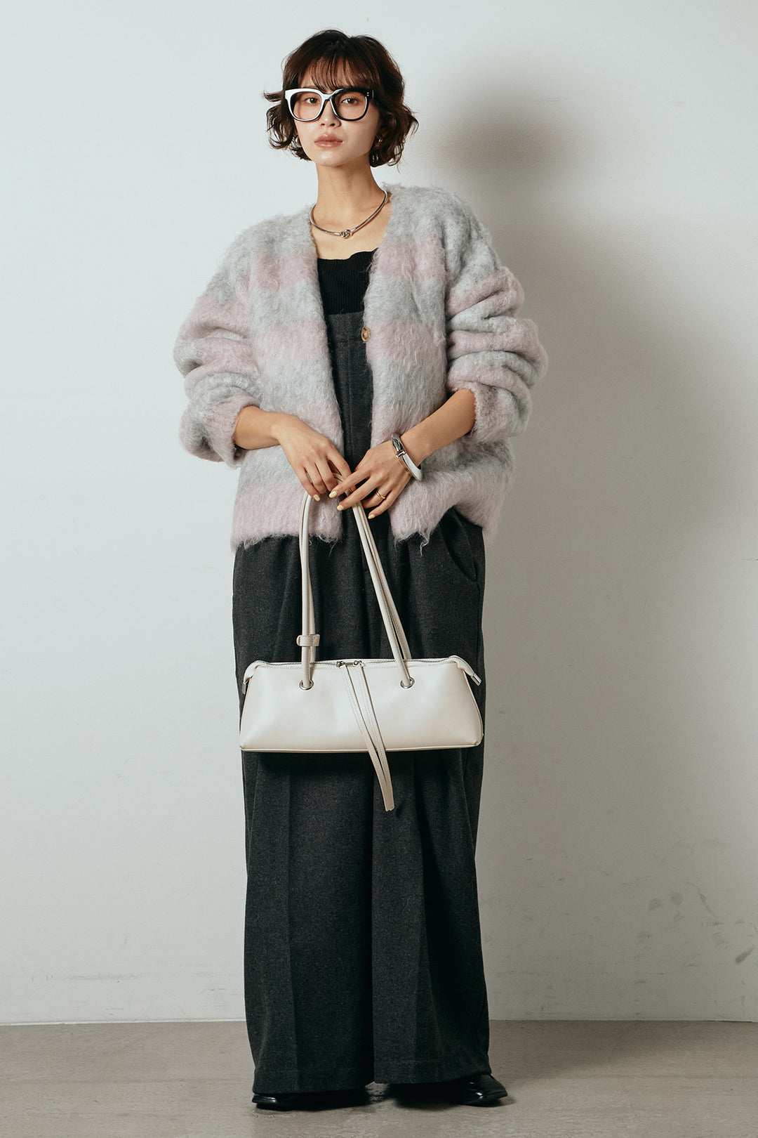 [SET]シャギーボーダー柄ニットカーディガン+ウール混フランネルワイドサロペット(2set)