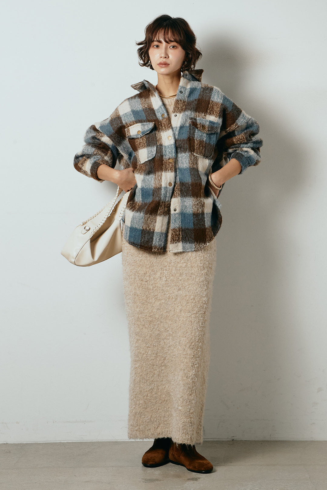 [SET]起毛チェック柄ポケットアウター+起毛ノースリーブニットロングワンピース(2set)