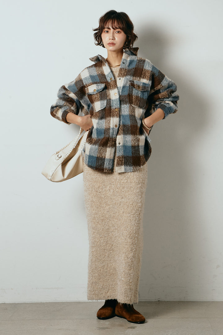 [SET]起毛チェック柄ポケットアウター+起毛ノースリーブニットロングワンピース(2set)