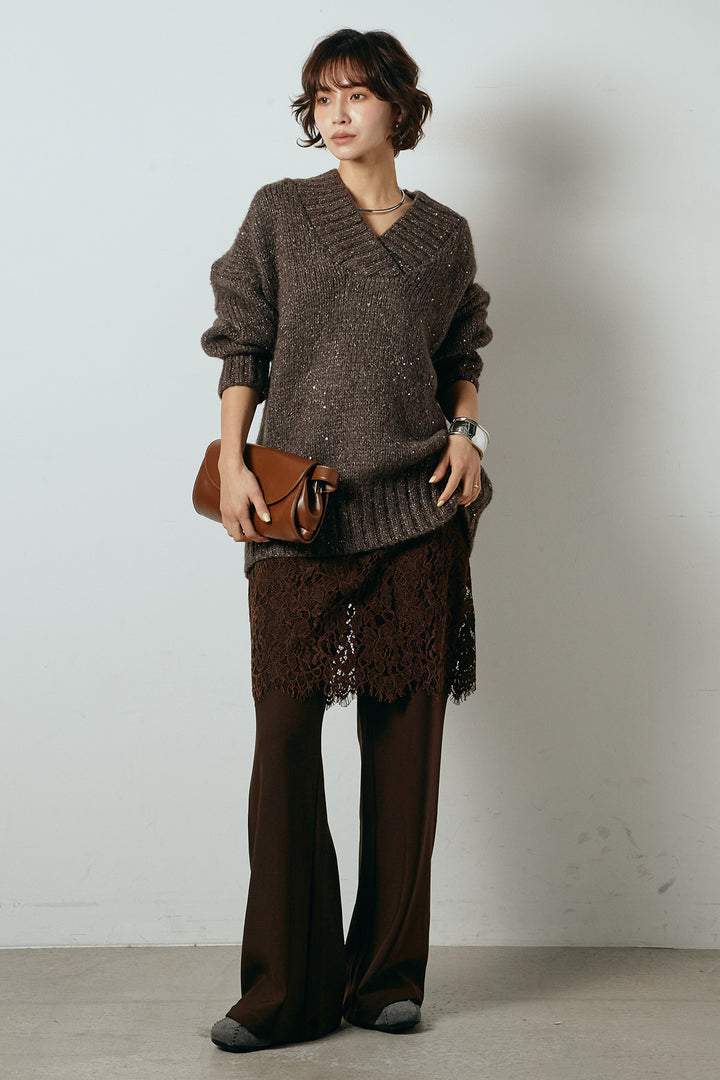 [SET]Vネックラメニットトップス+レース刺繍レイヤードフレアパンツ(2set)