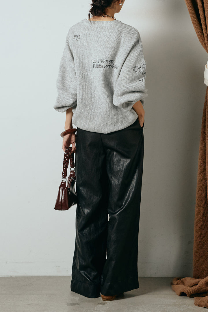 [SET]刺繍ロゴランダムデザインニットトップス+ベルト付きレザーライクタックパンツ(2set)