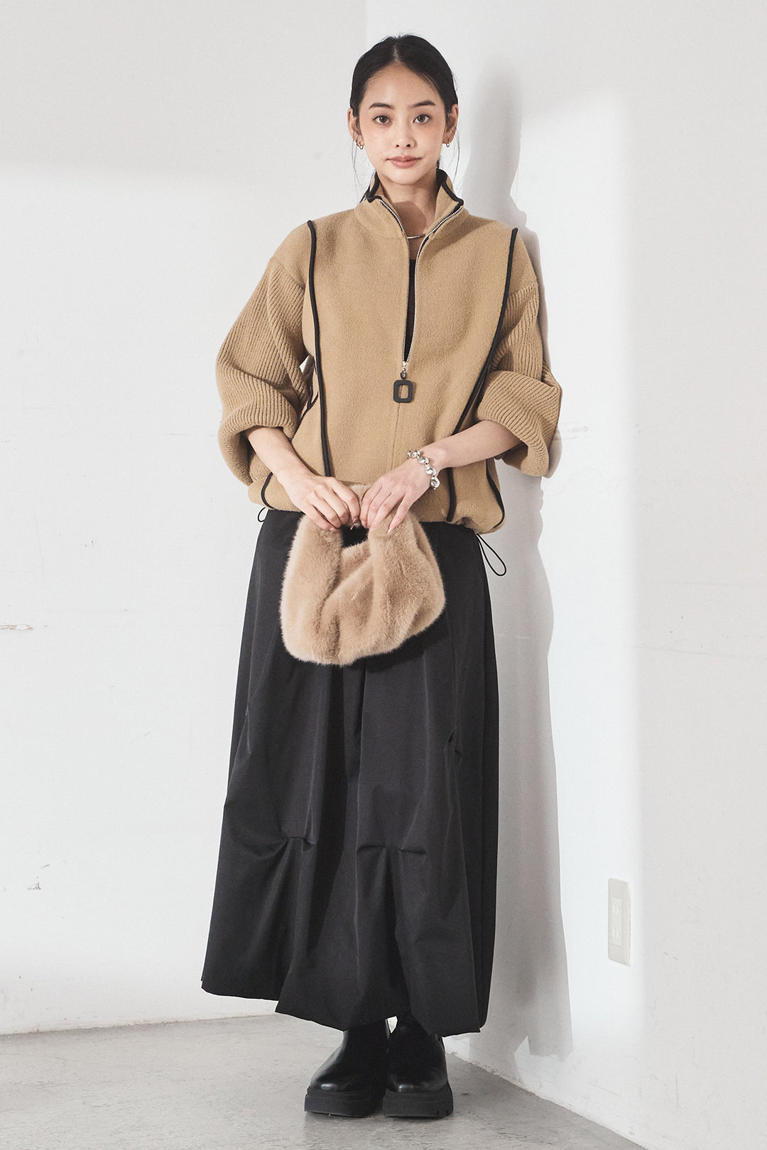 [SET]ハイネックパイピングデザインブルゾン+ランダムタックバルーンスカート(2set)