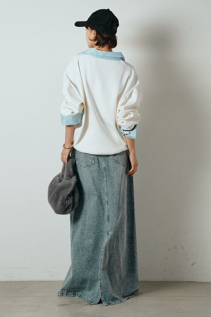 [SET]ストライプシャツドッキングポロトップス+デニムロングフレアスカート(2set)