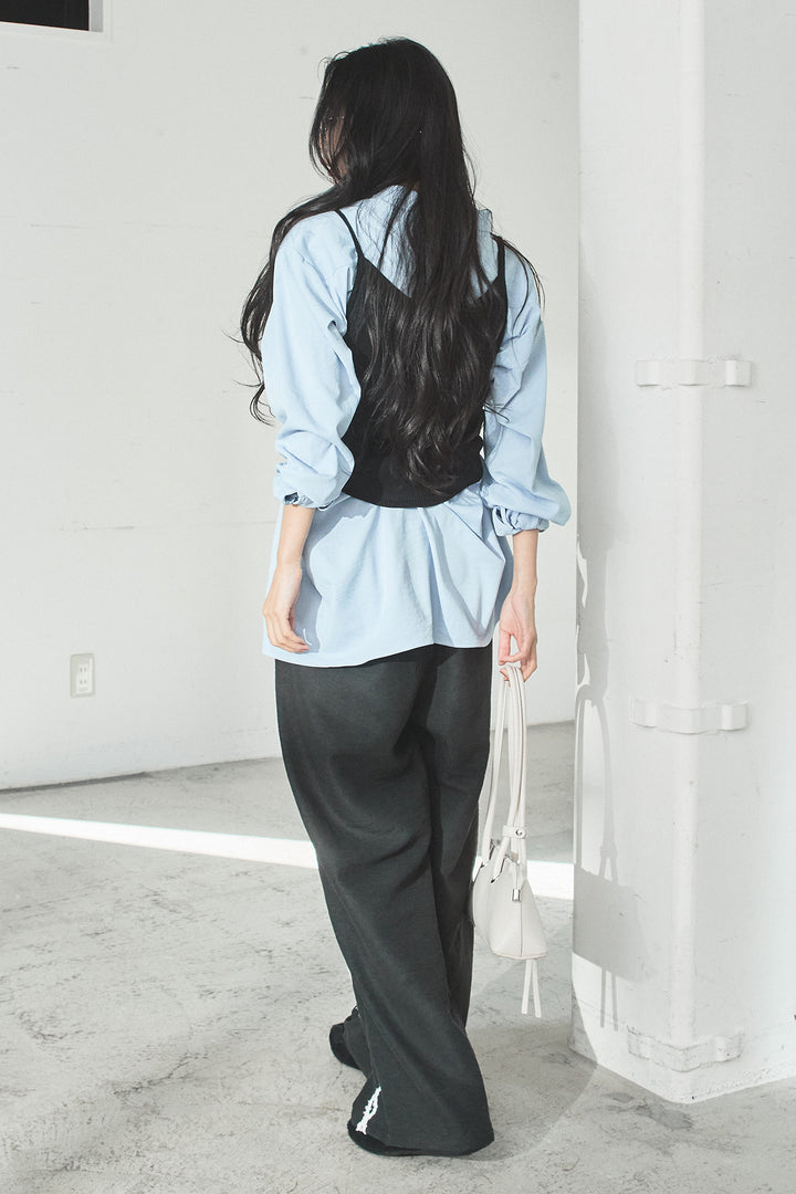 [SET]ニットキャミ付きシャツ+刺繡テープラインパンツ(2set)