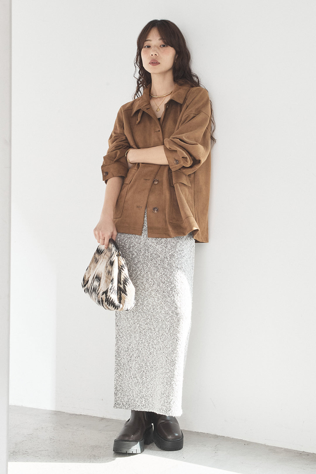 [SET]デカポケスエポンジャケット+ツイード風MIXスラブスカート(2set)