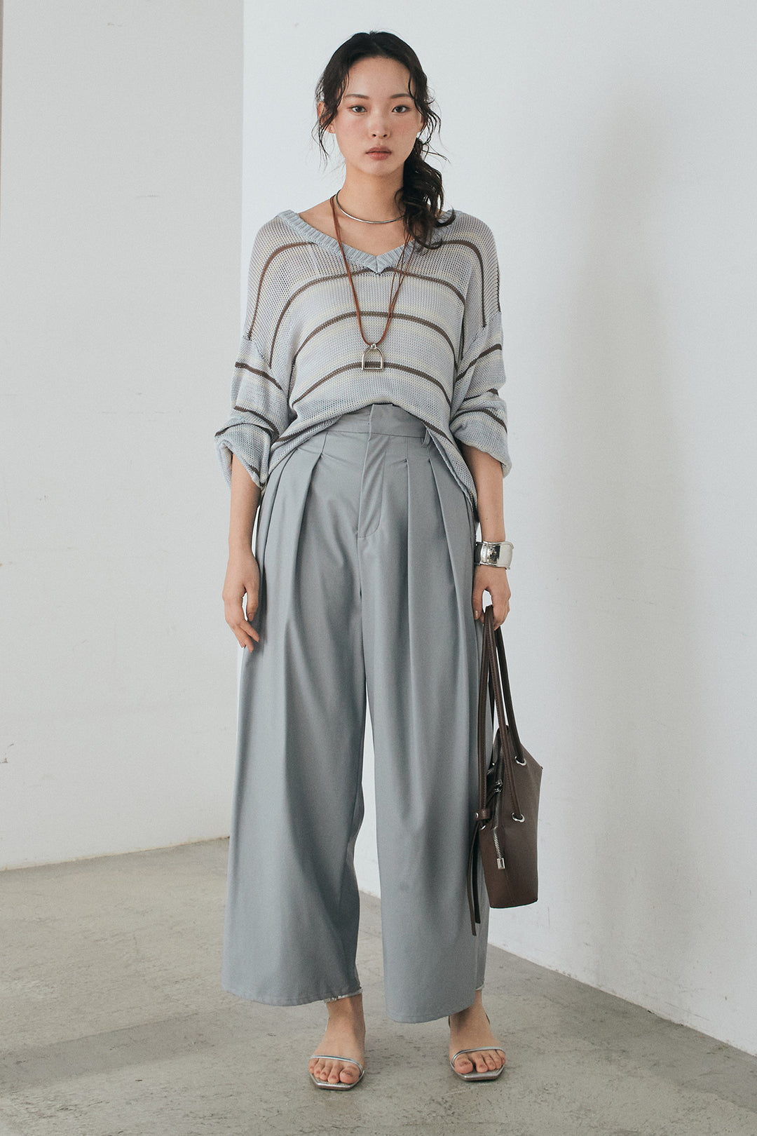 [SET]綿タッチVネックボーダートップス+ウォッシャブルエコレザータックパンツ(2set)