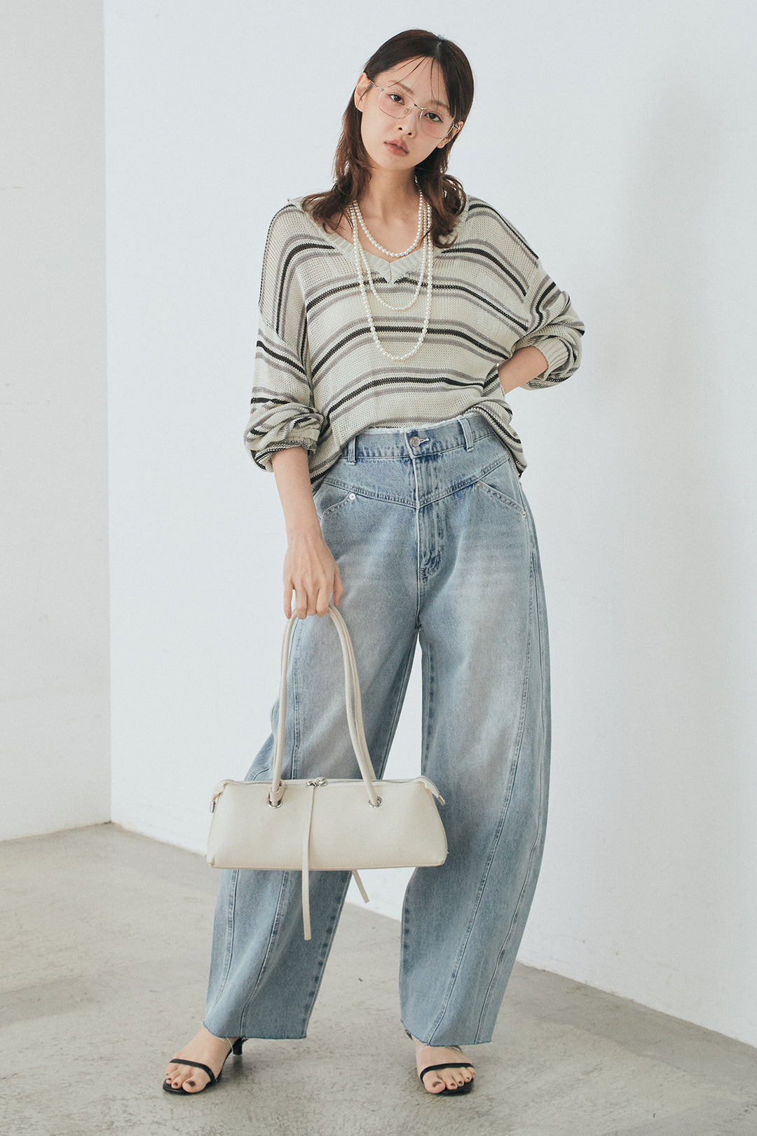 [SET]綿タッチVネックボーダートップス+デニムヨークパンツ(2set)