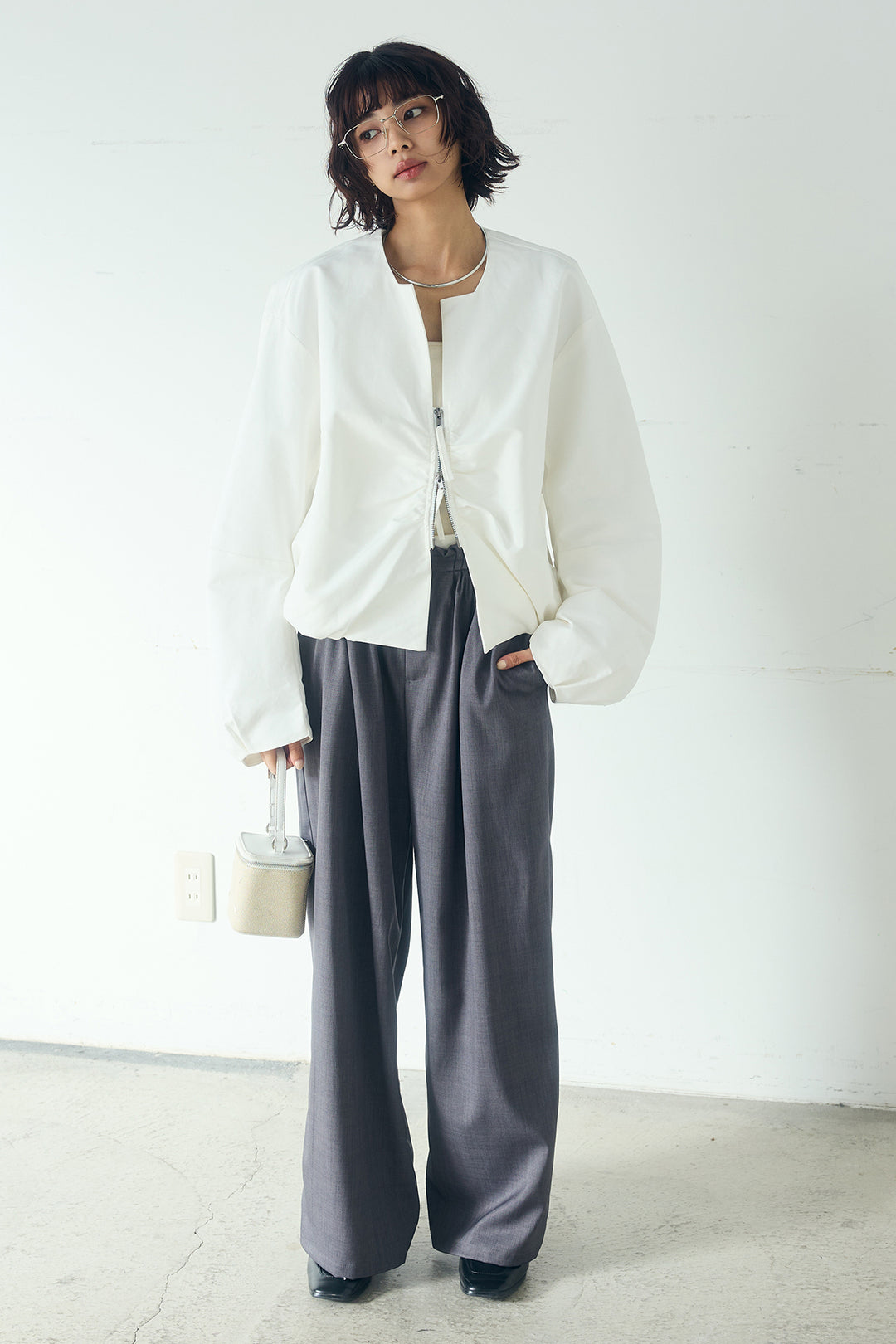 [SET]ノーカラーフロントギャザージップアウター+ツイルメニータックパンツ(2set)