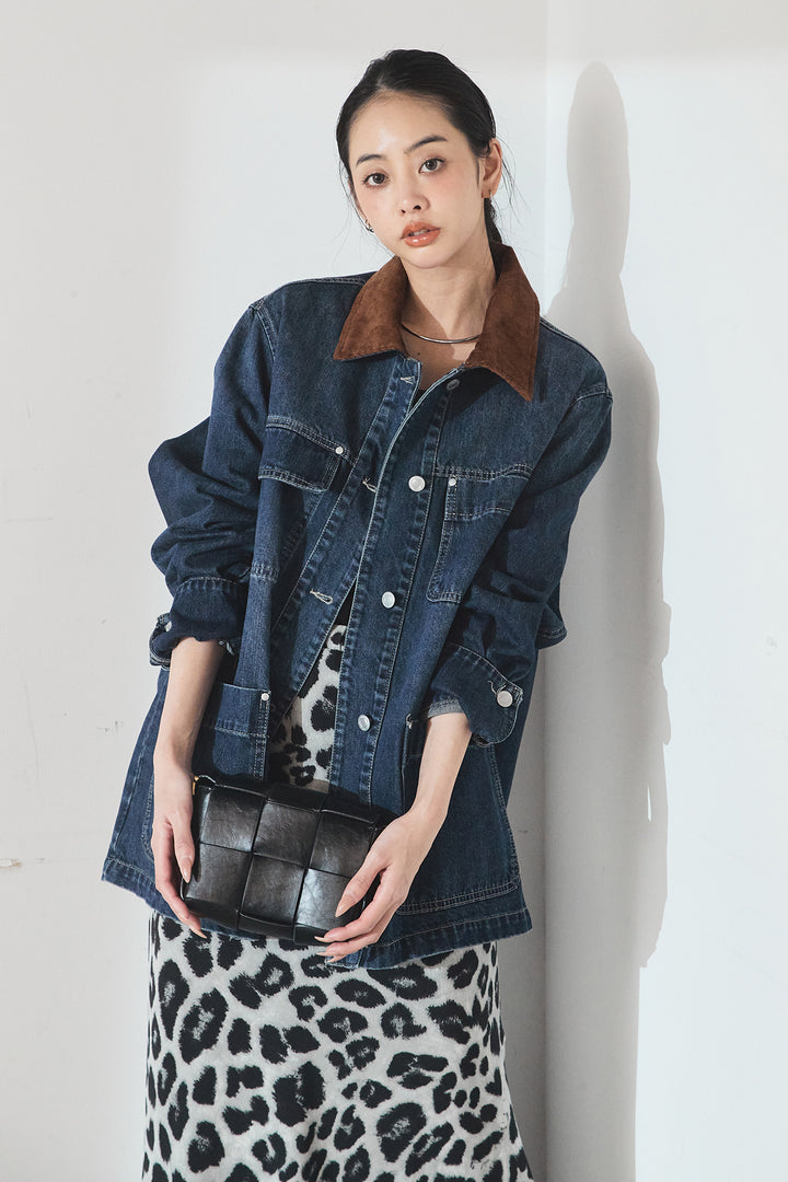 [SET]襟コーデュロイデニムカバーオール+レオパードサテンナロースカート(2set)