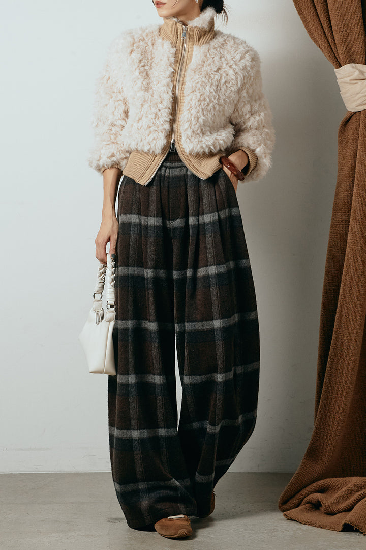 [SET]ハイネックショート丈ボアジップブルゾン+起毛タータンチェック柄ワイドパンツ(2set)