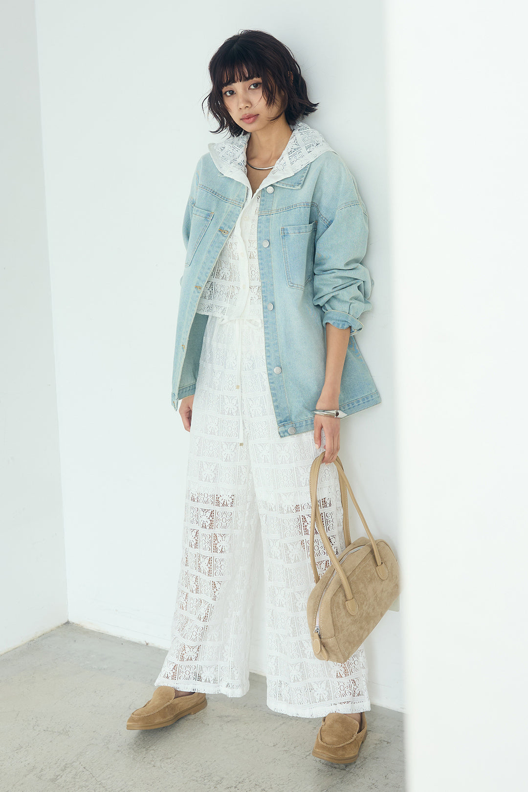 [SET]パッチワークレースショート丈フードシャツ+パッチワークレースイージーパンツ(2set)