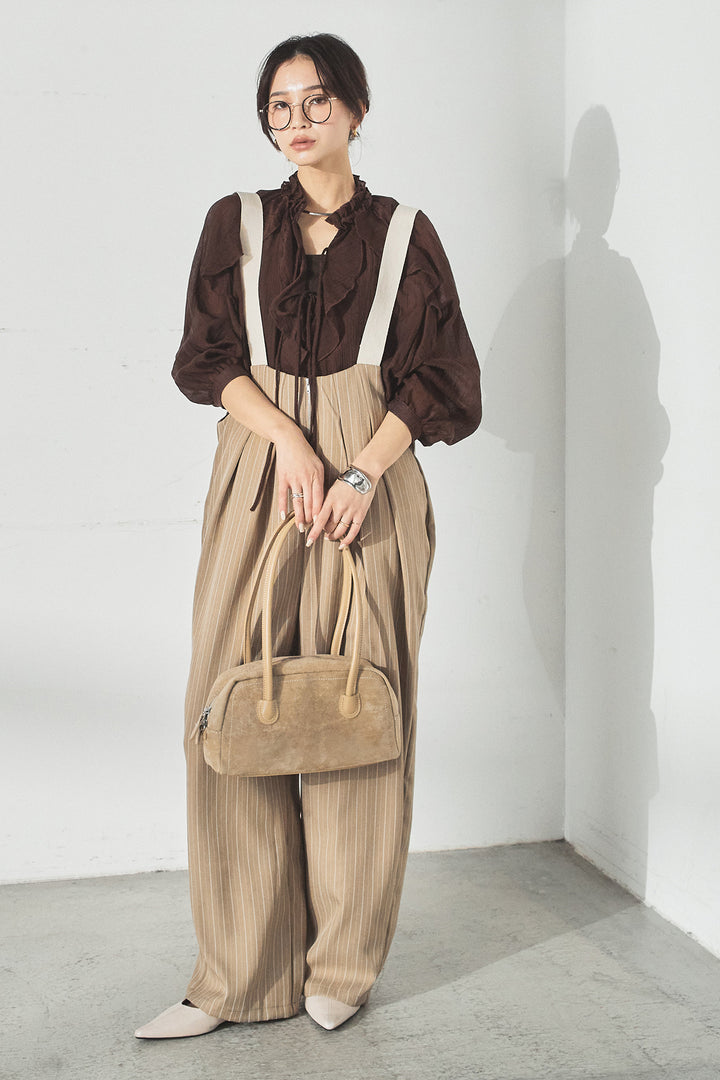 [SET]フロントリボンフリルブラウス+ピンストライプツータックサロペット(2set)