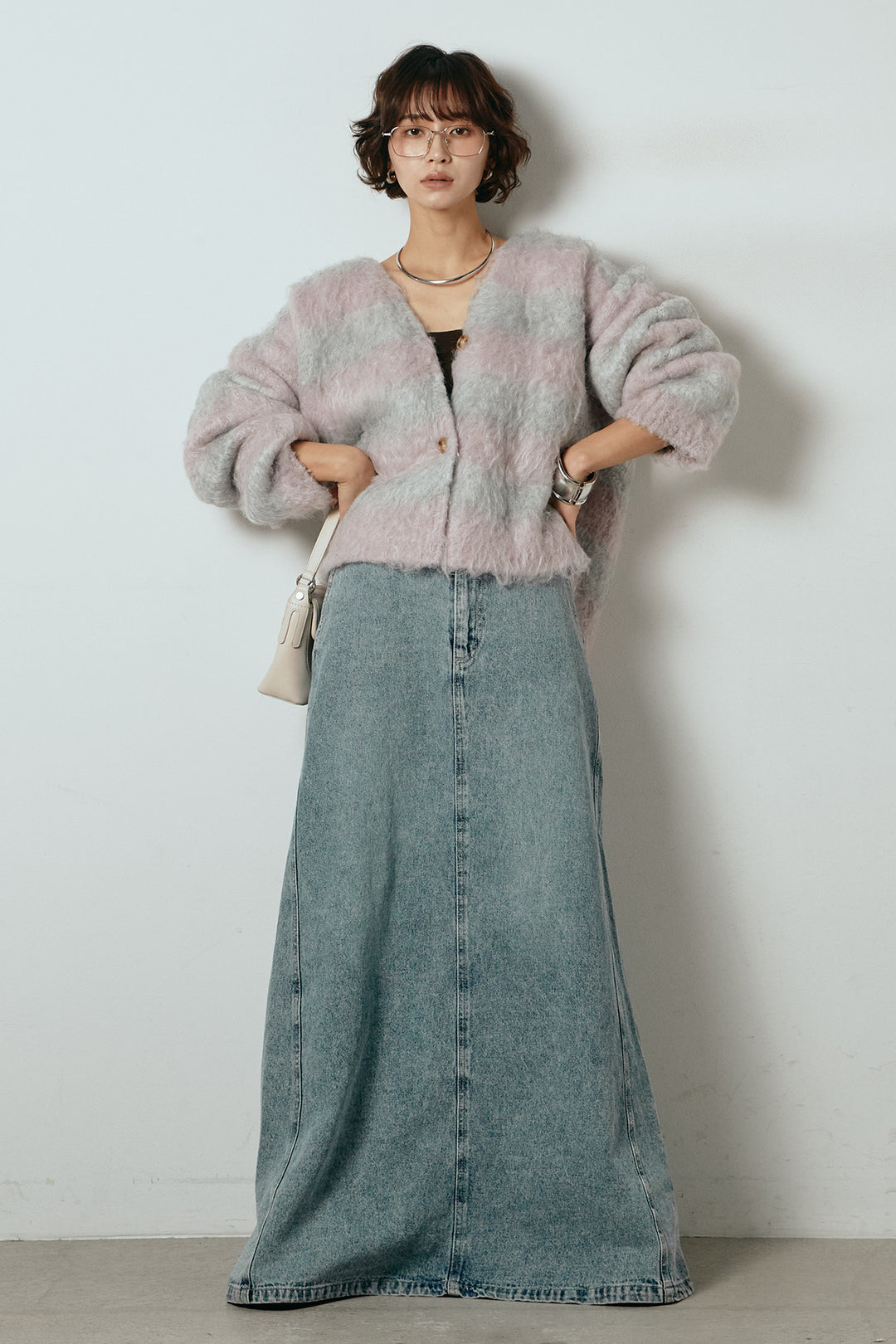 [SET]シャギーボーダー柄ニットカーディガン+デニムロングフレアスカート(2set)