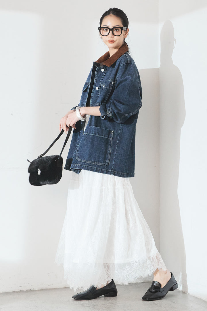 [SET]襟コーデュロイデニムカバーオール+ひげレース切替ロング丈スカート(2set)