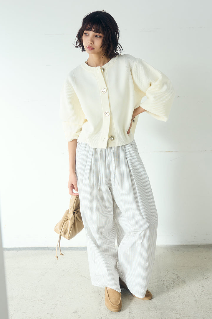 [SET]スポンディッシュBIGボタンクルーネックカーディガン+ランダムストライプタックギャザーパンツ(2set)