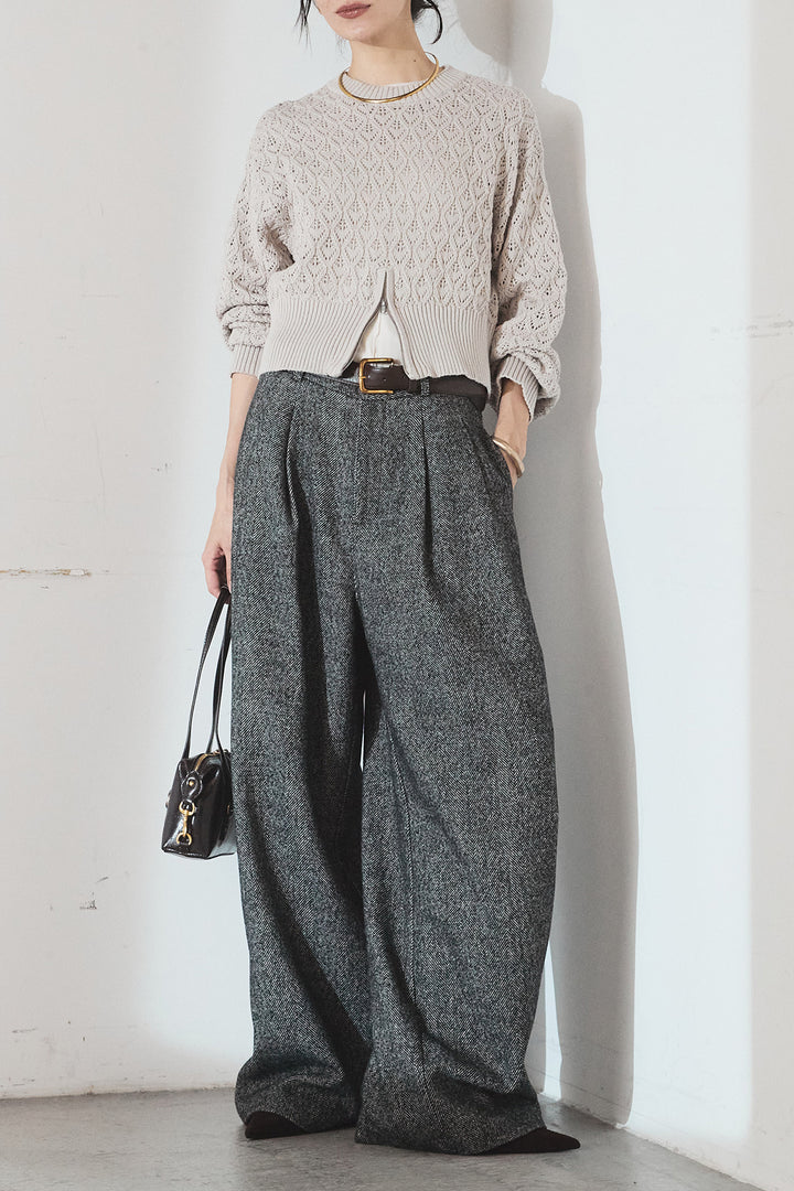 [SET]透かし編みニットジップスリットプルオーバー+タックツイードワイドパンツ(2set)