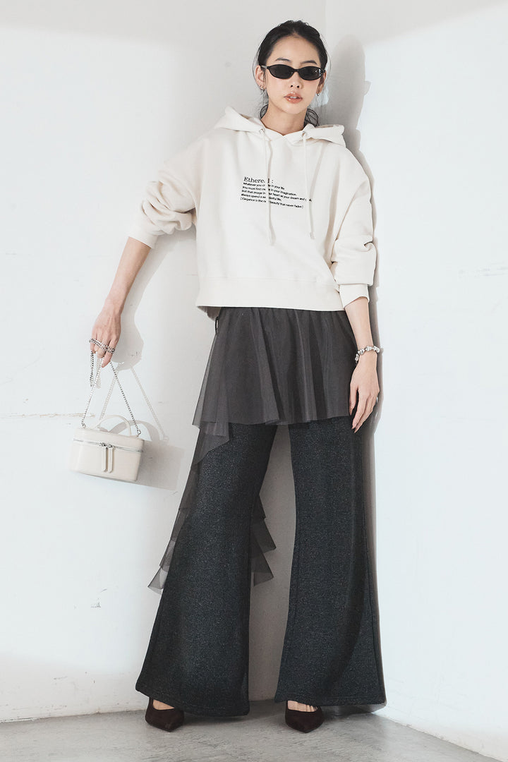 [SET]裏起毛レタリング刺繍フーディショートプルオーバー+チュールレイヤードニットパンツ(2set)