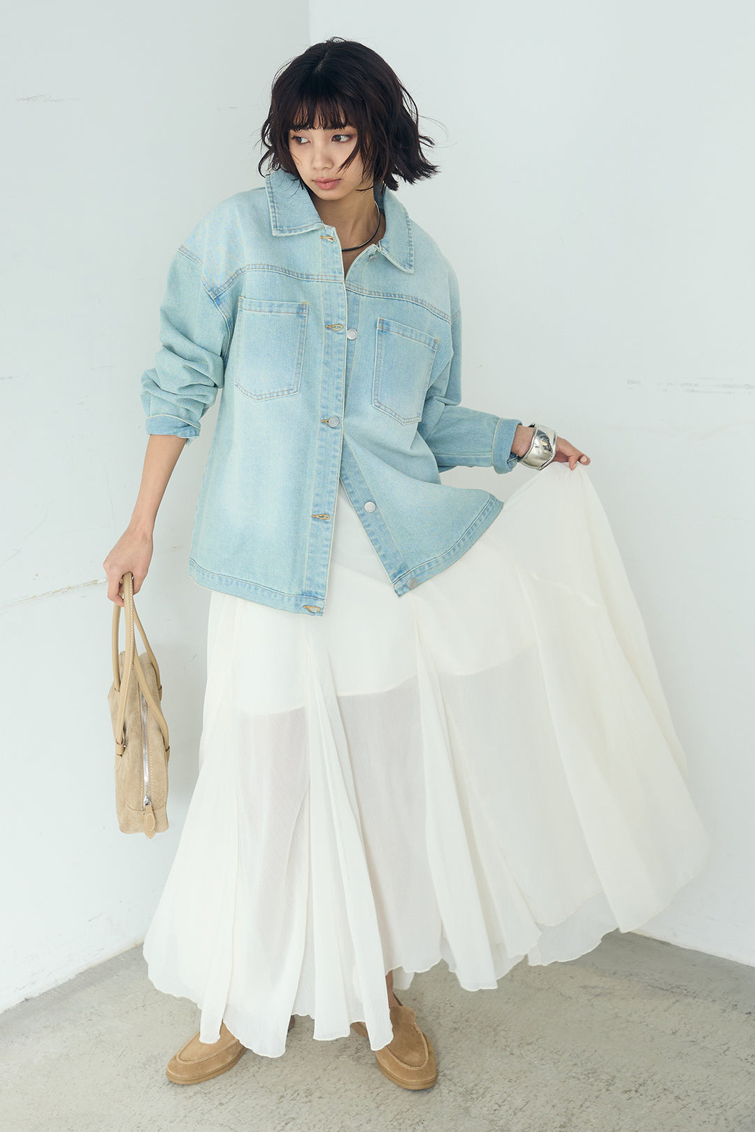 [SET]デニムオーバーサイズジャケット+シアーフリルキャミワンピース(2set)