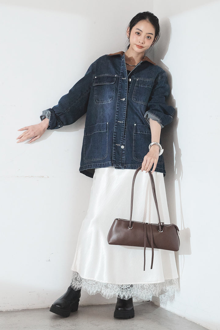 [SET]襟コーデュロイデニムカバーオール+裾レースデザインサテンスカート(2set)