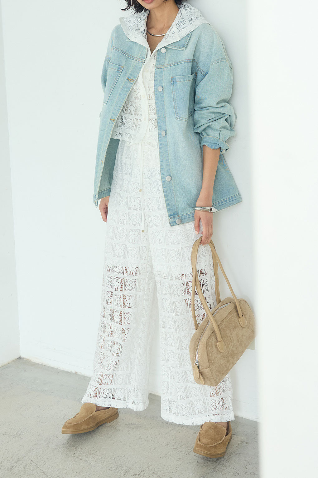 [SET]デニムオーバーサイズジャケット+パッチワークレースイージーパンツ+パッチワークレースショート丈フードシャツ(3set)