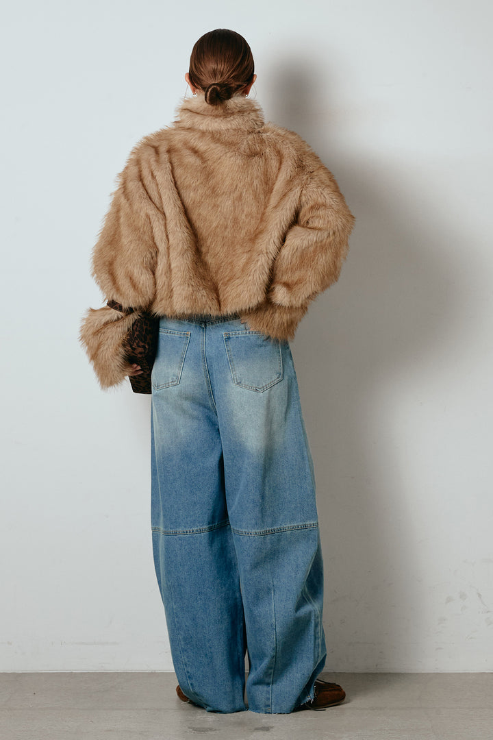 [SET]エコファーショート丈ブルゾン+加工デニムタックコクーンワイドパンツ(2set)