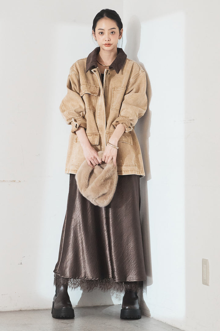 [SET]襟コーデュロイジップデニム調カバーオール+裾レースデザインサテンスカート(2set)