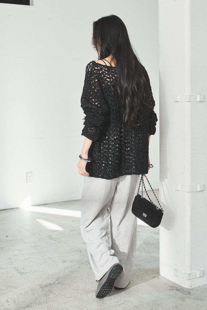 [SET]リラックスメッシュニットトップス+刺繡テープラインパンツ(2set)