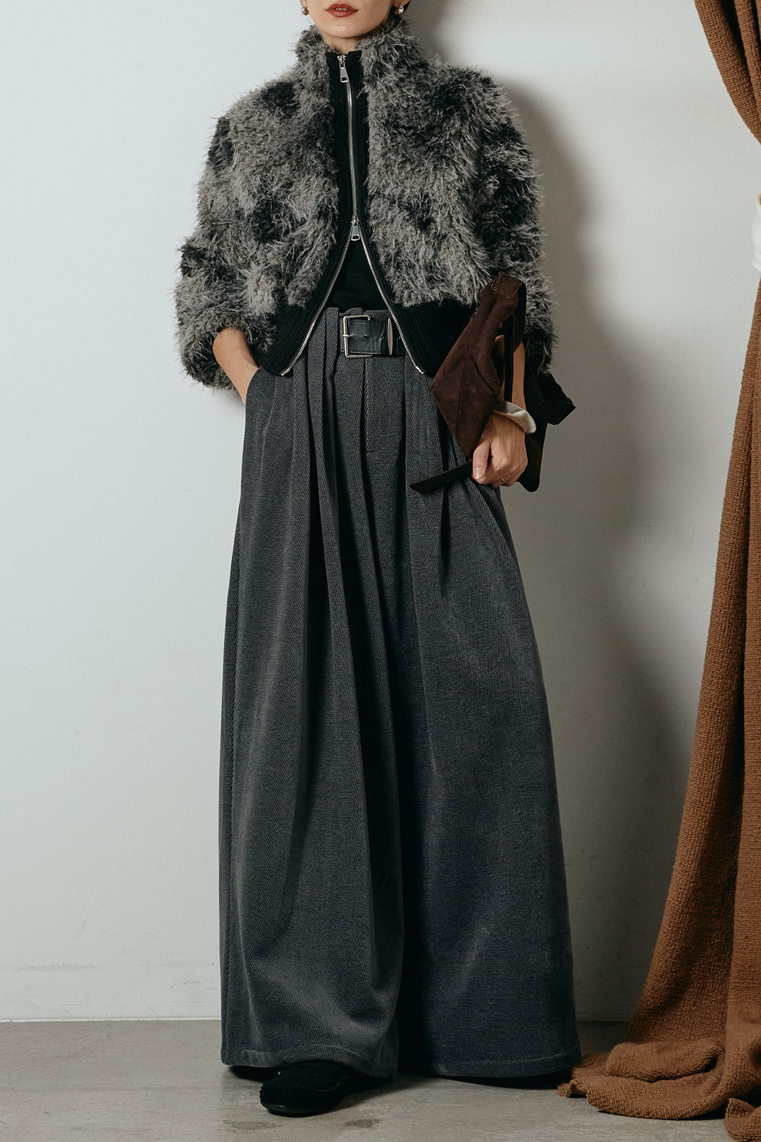 [SET]エコファースタンドカラーニュアンス柄ブルゾン+ベルトループコーデュロイワイドパンツ(2set)