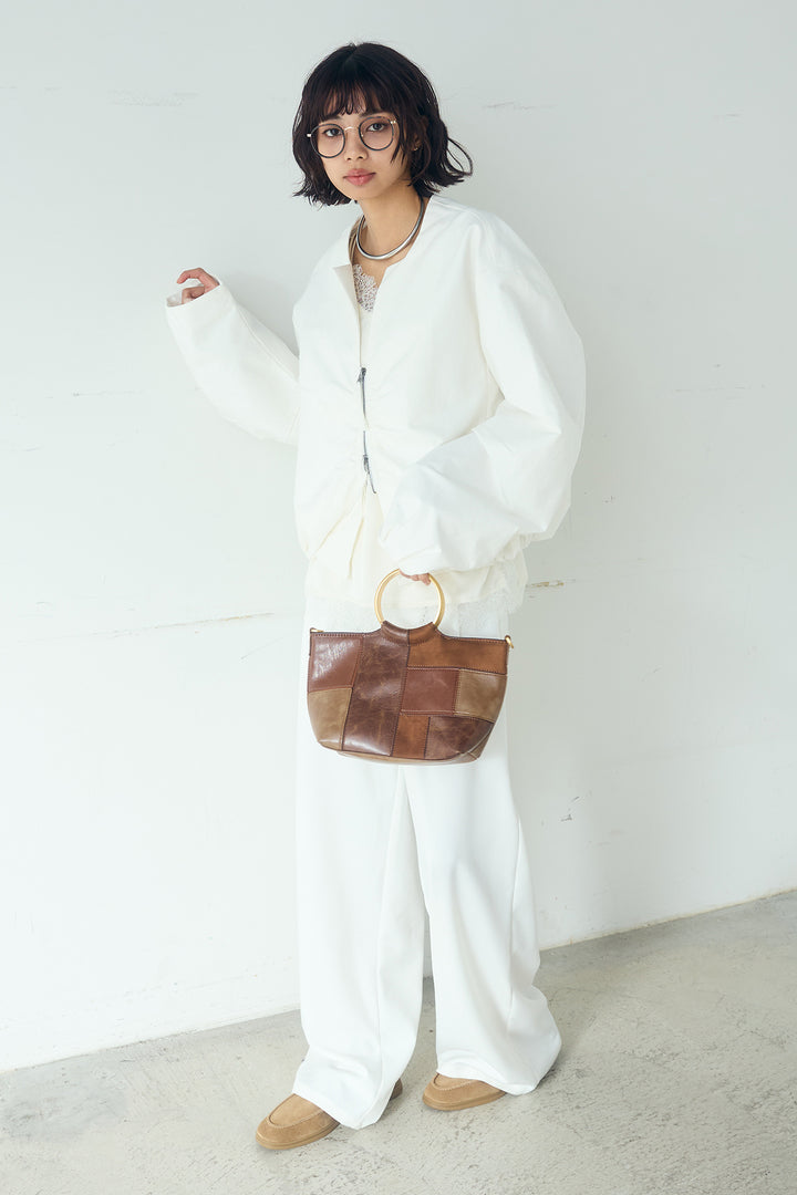 [SET]ノーカラーフロントギャザージップアウター+斜めボタンタック入りスラックス(2set)