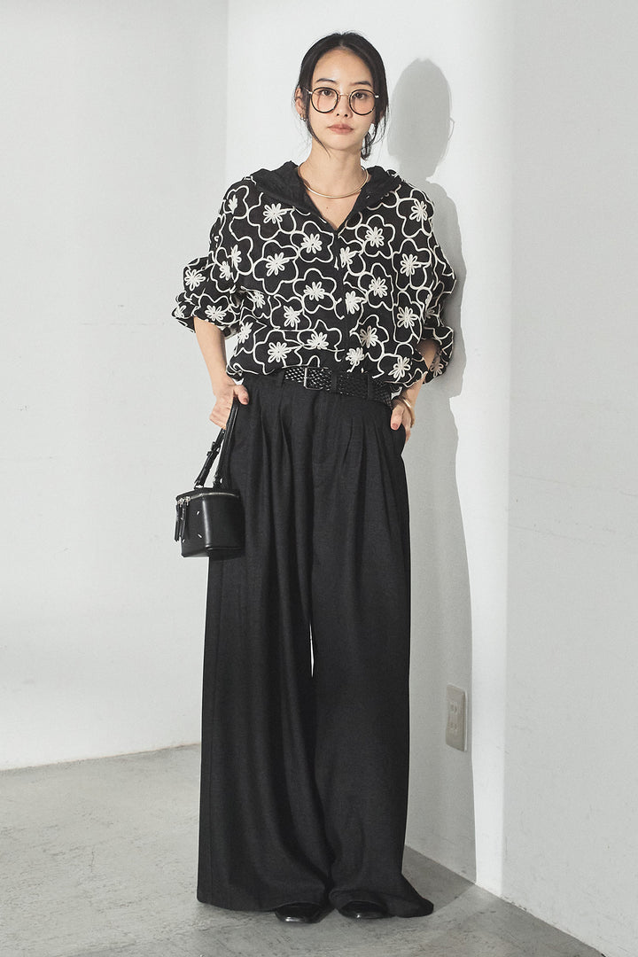 [SET]シアーフラワーフードブルゾン+編みベルト付きウエストタックワイドパンツ(2set)