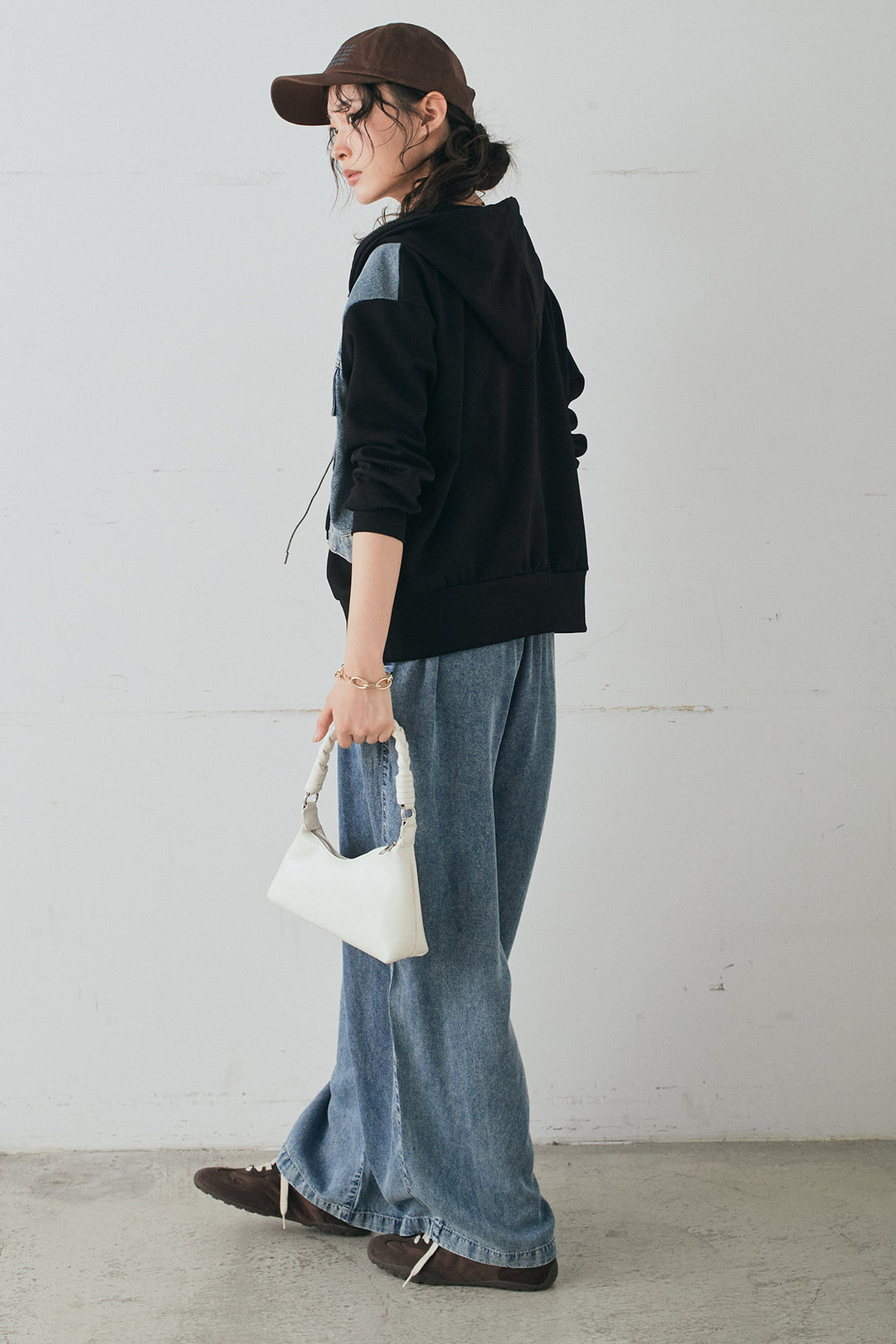 [SET]デニム切替ポンチダブルジップパーカー+テンセルデニムイージーワイドパンツ(2set)