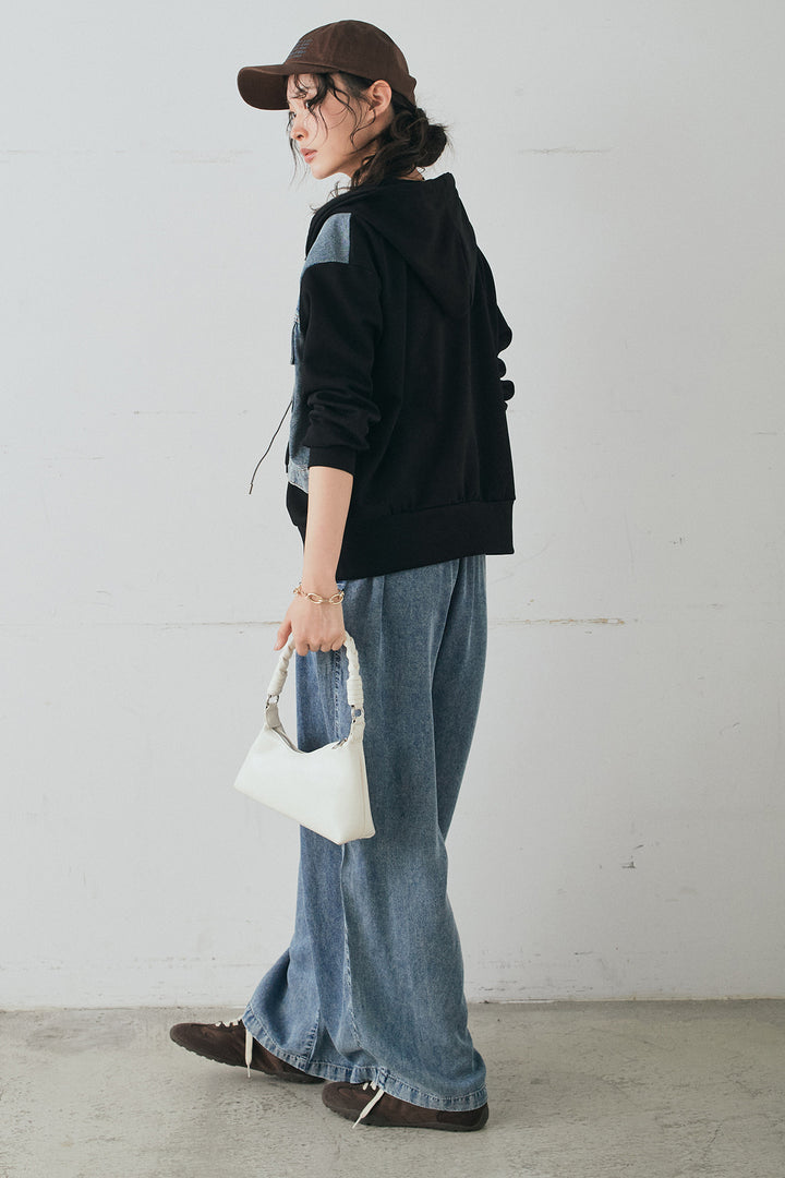 [SET]デニム切替ポンチダブルジップパーカー+テンセルデニムイージーワイドパンツ(2set)