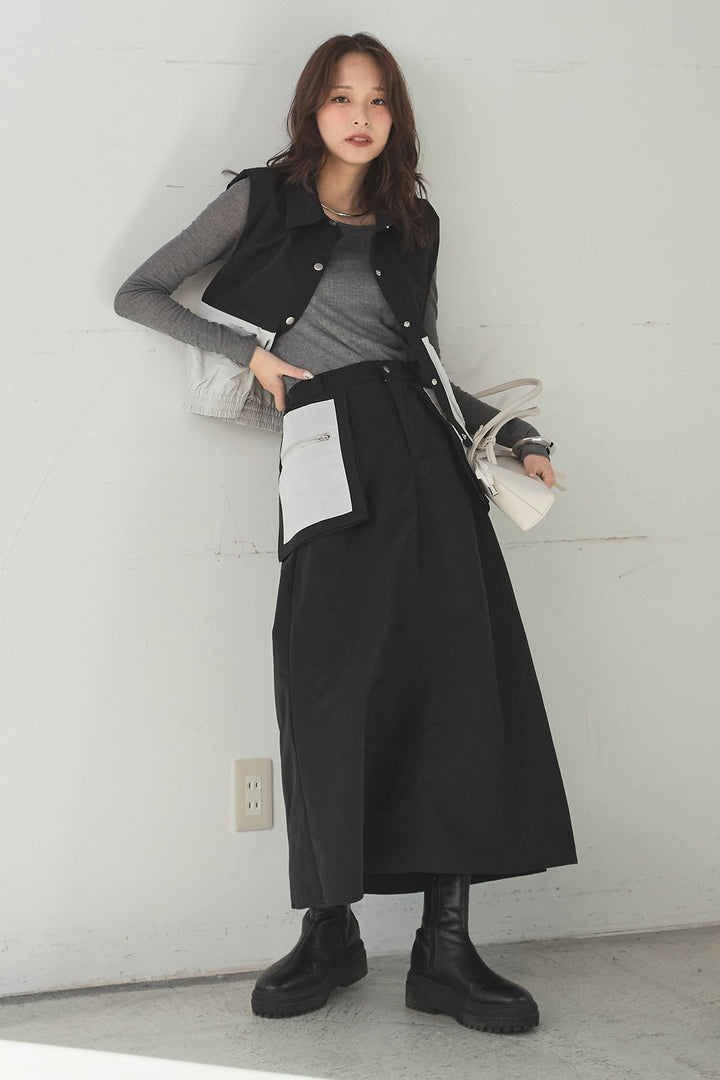 [SET]襟付きナイロンベスト+サイドデザインナイロンスカート+リブシアークルーネック長袖トップス(3set)