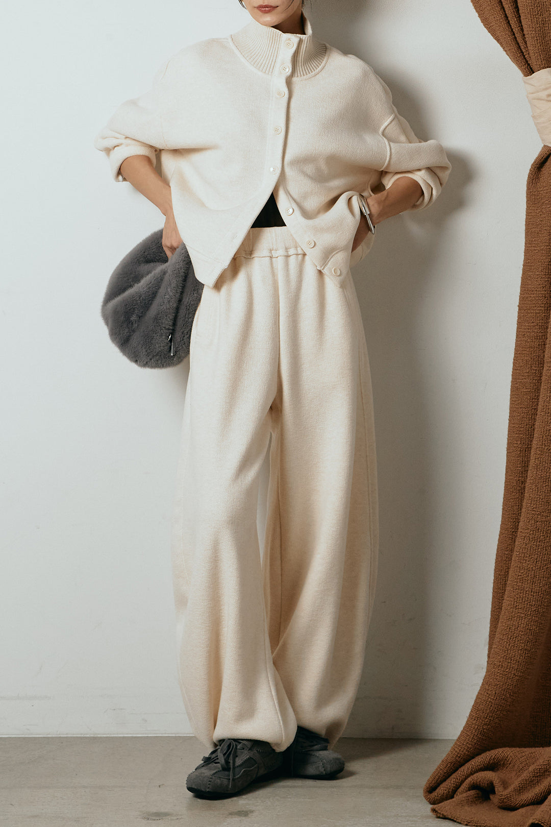 [SET]リブスタンドネックボタントップスSETUP