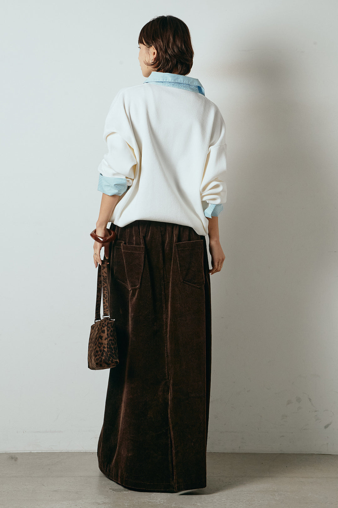 [SET]ストライプシャツドッキングポロトップス+ポーチベルト付きコーデュロイワイドスカート(2set)