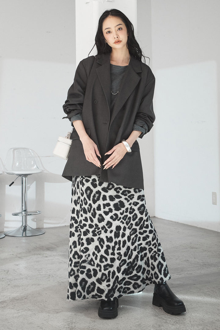 [SET]ルーズシルエットダブルテーラードジャケット+レオパードサテンナロースカート(2set)