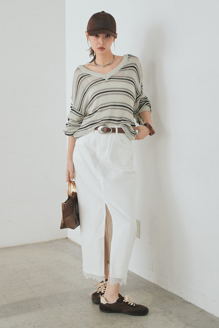 [SET]綿タッチVネックボーダートップス+裾レースデザインデニムスカート(2set)