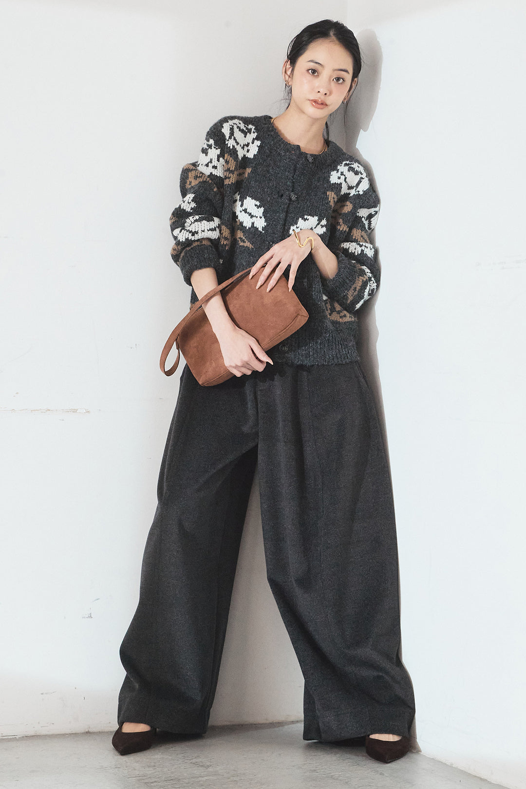 [SET]花柄ジャガードニットカーディガン+ウールタッチカーブワイドパンツ(2set)