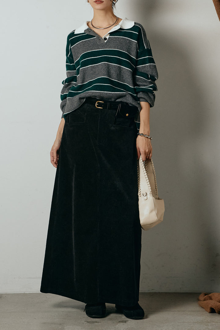 [SET]ラガーニットボーダーポロプルオーバー+ポーチベルト付きコーデュロイワイドスカート(2set)