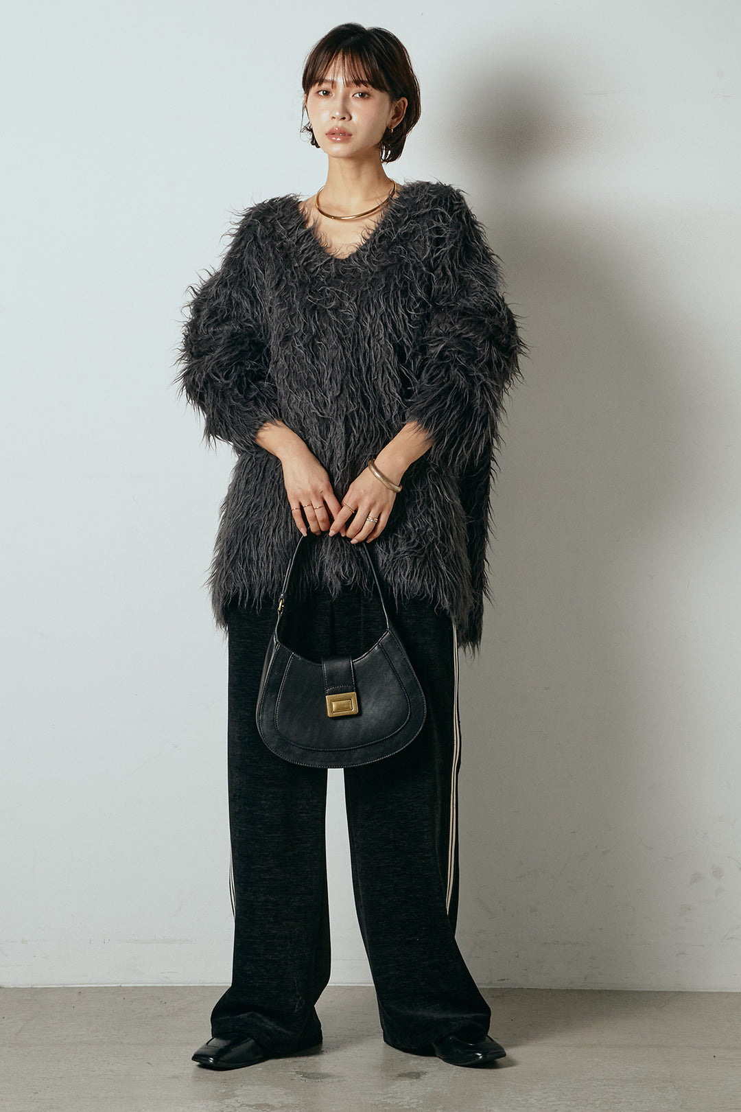 [SET]深Vネックシャギーニットトップス+リラックスサイドラインベロアワイドパンツ(2set)