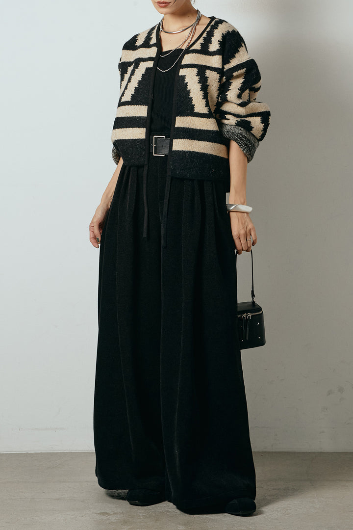 [SET]ノーカラー幾何学模様アウター+ベルトループコーデュロイワイドパンツ(2set)