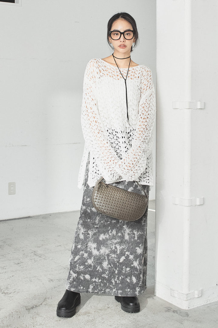 [SET]リラックスメッシュニットトップス+タイダイ柄ベロアワイドスカート(2set)