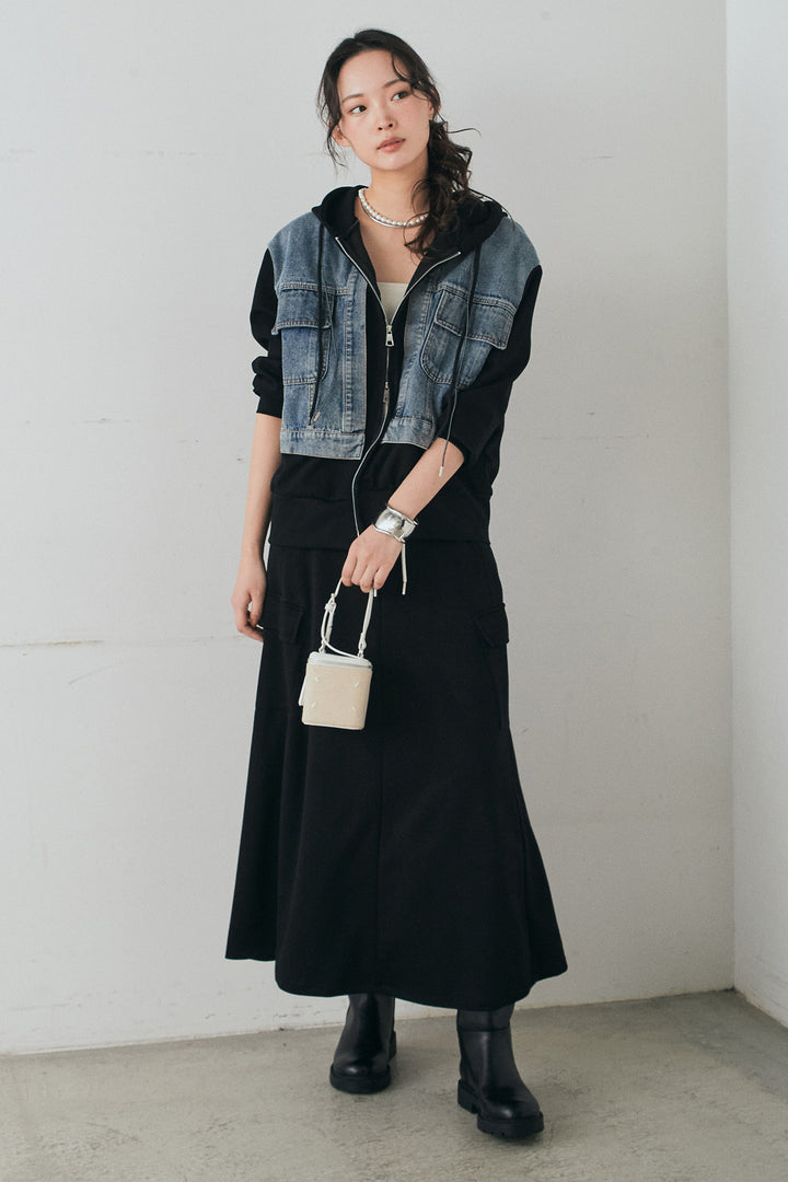 [SET]デニム切替ポンチダブルジップパーカー+リラックススウェットスカート(2set)