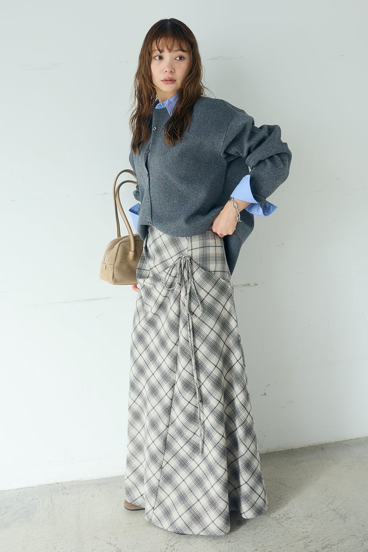 [SET]シャツレイヤード風カーディガン+タータンチェック柄フロントデザインスカート(2set)