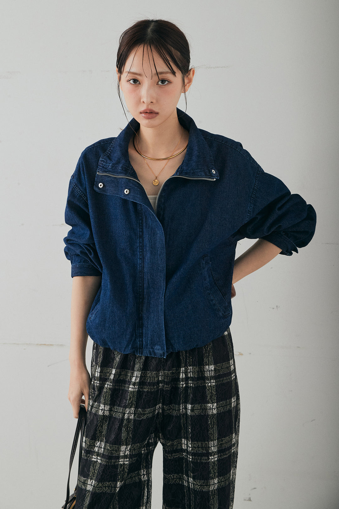 [SET]スタンドカラーデニムブルゾンジャケット+レースチェックワイドイージーパンツ(2set)