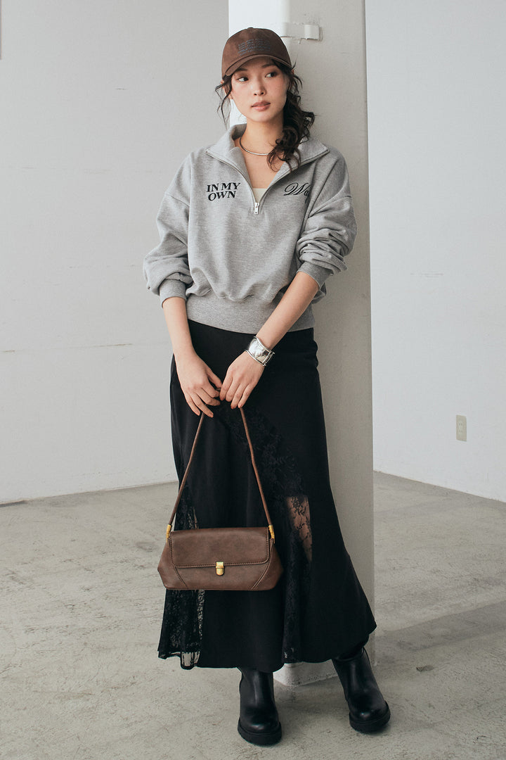 [SET]裏毛ロゴ刺繍ハーフZIPスウェット+刺繍レースデザインサテンスカート(2set)