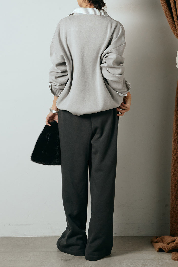 [SET]ストライプシャツドッキングポロトップス+裏起毛スウェットワイドパンツ(2set)