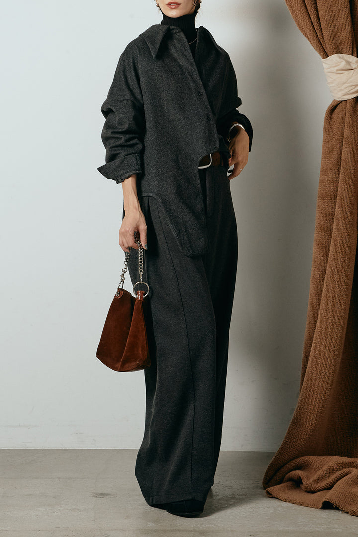 [SET]裾アシンメトリーデザインシャツ+編みベルト付きワイドパンツ+リブニットシームレスタートルプルオーバー(3set)