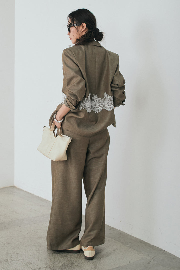 [SET]リネンタッチレースデザインジャケット+リネンタッチ細ベルト付きワイドパンツ(2set)